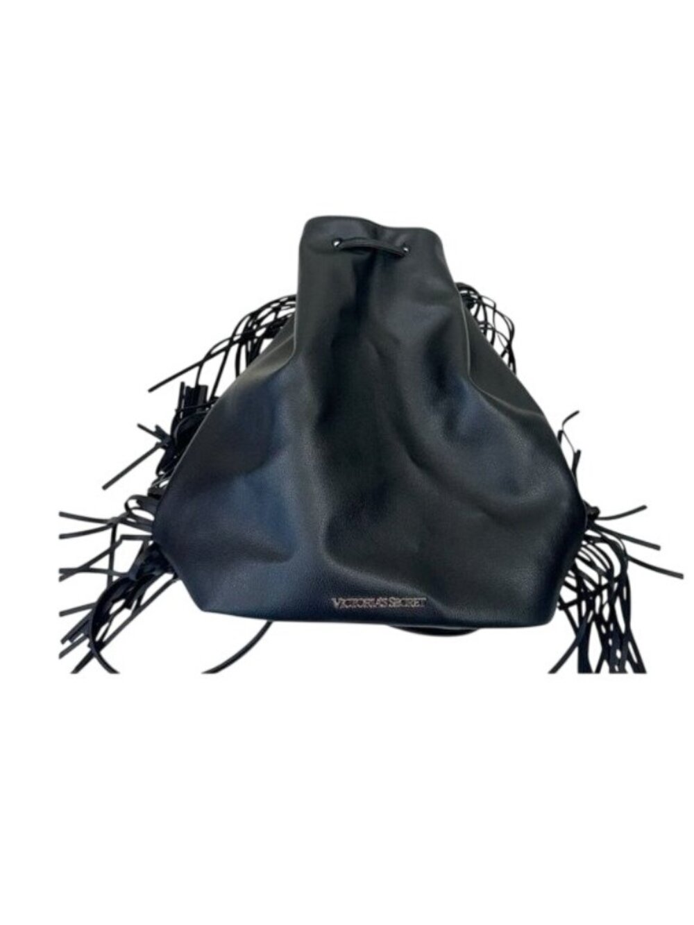 Victoria's Secret Backpack Solid Black Faux Suede Fringed Drawstring Bag Purse